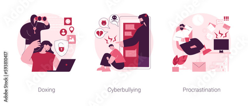 Social engineering abstract concept vector illustration set. Doxing and cyberbullying, procrastination, online bullying, negative comments, internet harassment, professional burnout abstract metaphor.