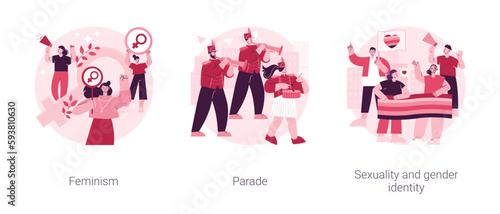 Human rights abstract concept vector illustration set. Feminism, parade and peaceful march, mass event, sexuality and gender identity, girl power, equal rights, LGBT movement abstract metaphor.