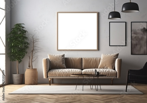 Mockup poster frame on the wall of living room. Contemporary style. Modern interior design. 3D render, 3D illustration.