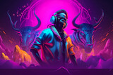Bright dynamic illustration of DJ in a nightclub with blue and magenta lights, AI generative illustration