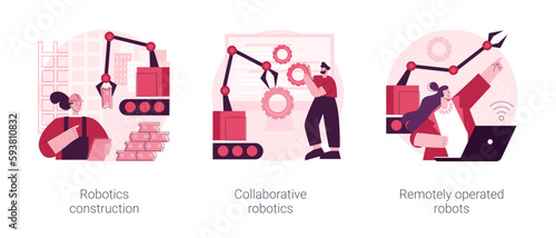 Automotive machine work abstract concept vector illustration set. Robotics construction, collaborative artificial intelligence, remotely operated robots, cloud robotics, automation abstract metaphor.