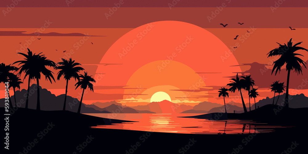 Artistic flat design of tropical beach sunset scene