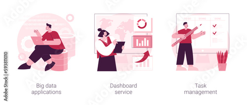 Big data analytics abstract concept vector illustration set. Big data applications, dashboard service, task management, online reporting, data metrics, database engineering abstract metaphor.