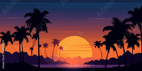 Hand drawn flat illustration of a beach sunset with palm silhouettes background  concept background