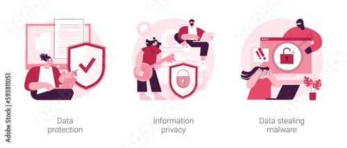 Digital security abstract concept vector illustration set. Data protection, information privacy, data stealing malware, hacker attack, cyber crime, access policy, confidentiality abstract metaphor.