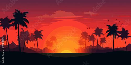 Flat illustration of palm silhouettes at beach sunset