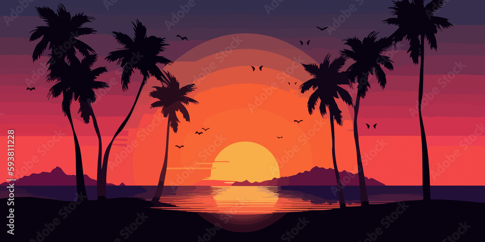 Hand drawn beach sunset with palm tree silhouettes