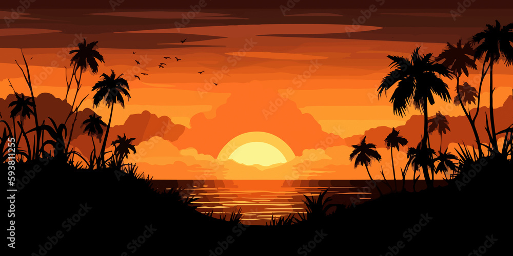 Flat illustration of palm silhouettes at beach sunset