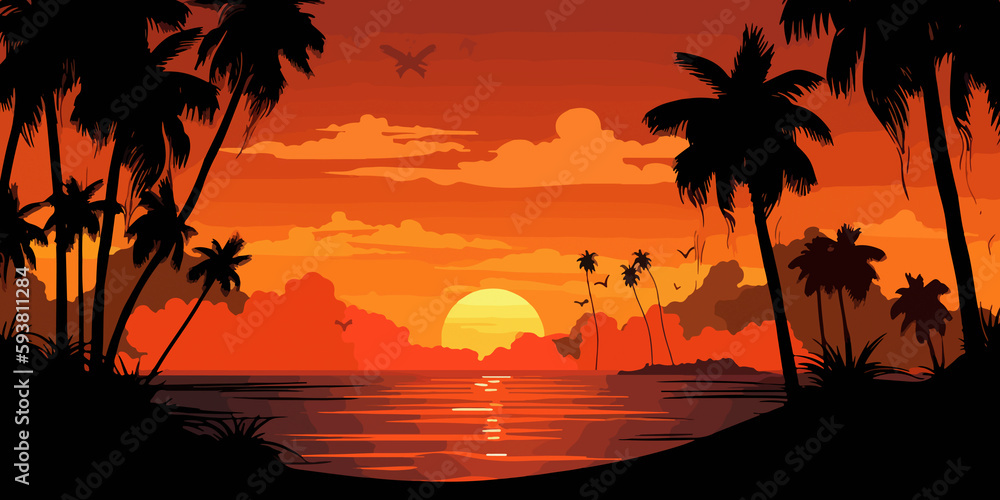 Hand drawn flat illustration of a beach sunset with palm silhouettes background, concept background