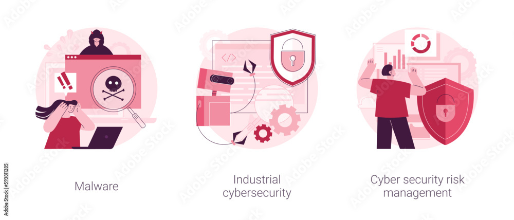 Antivirus security and protection abstract concept vector illustration set. Malware program, industrial cybersecurity, cyber security risk management, digital threat, spyware abstract metaphor.