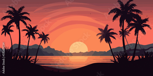 Hand drawn beach sunset with palm tree silhouettes © Fernando