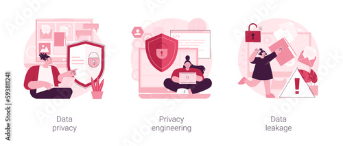 Personal data protection abstract concept vector illustration set. Data privacy, security engineering, info leakage prevention, encryption for databases, safety architecture abstract metaphor.