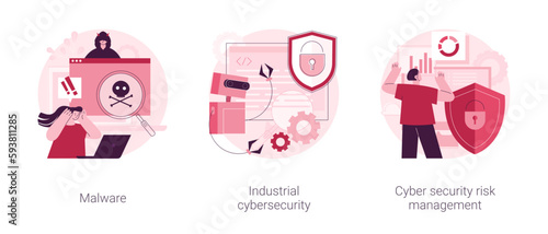 Antivirus security and protection abstract concept vector illustration set. Malware program, industrial cybersecurity, cyber security risk management, digital threat, spyware abstract metaphor.