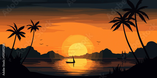 Hand drawn flat illustration of a beach sunset with palm silhouettes background  concept background