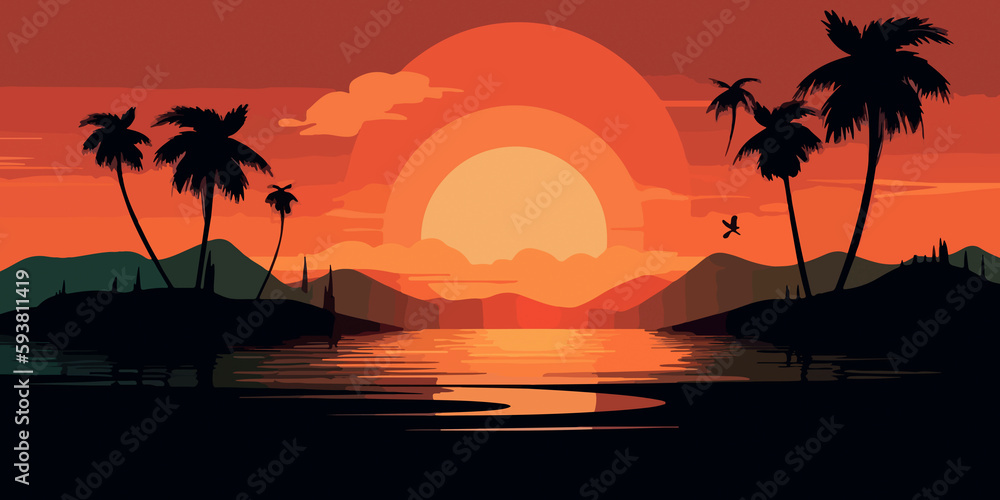 Palm silhouettes against beach sunset in flat illustration