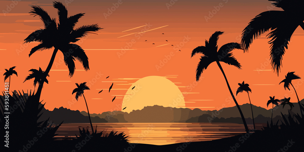 Sunset beach landscape in hand drawn flat style
