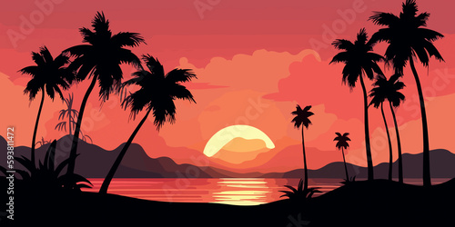 Sunset beach landscape in hand drawn flat style © Fernando