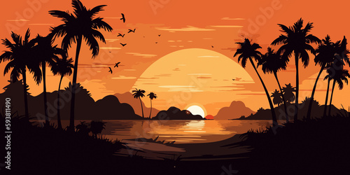 Sunset beach landscape in hand drawn flat style