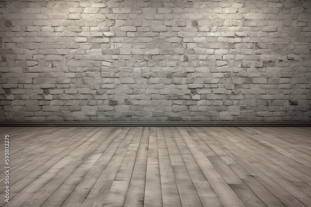 an empty room with a rustic brick wall and wooden floor. Generative AI