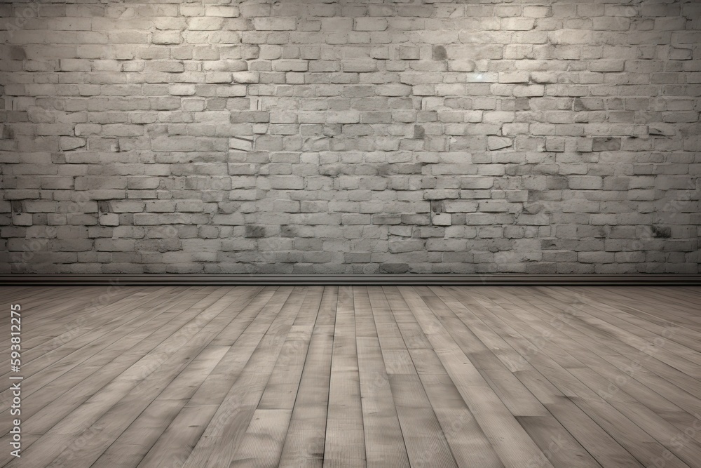 an empty room with a rustic brick wall and wooden floor. Generative AI an empty room with a rustic brick wall and wooden floor. Generative AI