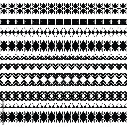 Set of seamless borders, geometric patterns isolated on white