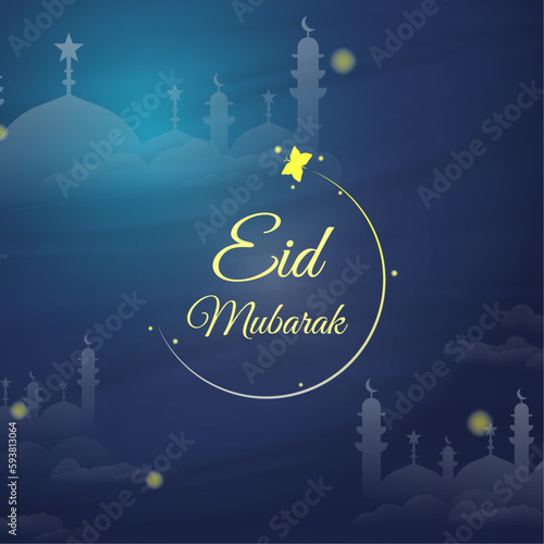 Eid Mubarak Social Media Post, Greeting Card, Banner, and Poster Design. Awesome Concept with Illuminated Butterflies, Fireflies Surrounding Eid Typography. Mosques in blue color scheme background.