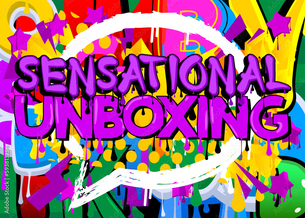 Sensational Unboxing. Graffiti tag. Abstract modern street art decoration performed in urban painting style.