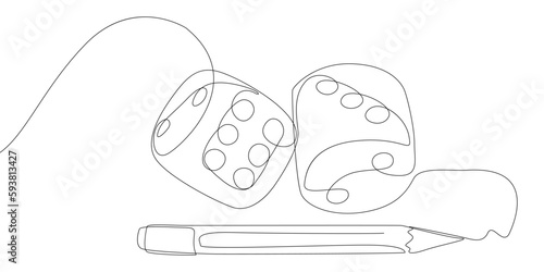 One continuous line of dice drawn by with felt tip pen. Thin Line Illustration vector concept. Contour Drawing Creative ideas.