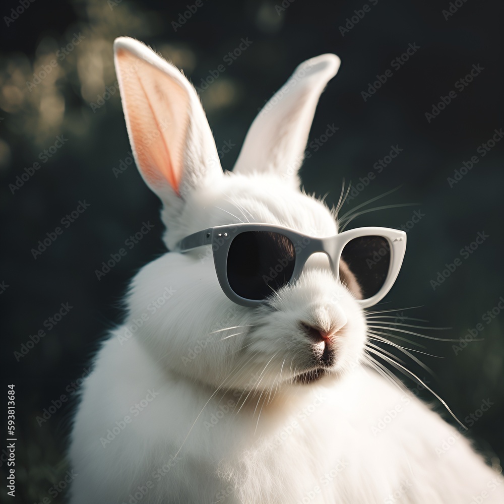 Cool white rabbit wearing trendy sunglasses on a black background. Image created with generative ai.