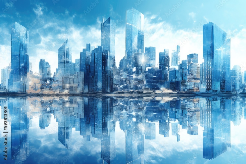 Fototapeta premium city skyline reflected in the water at sunset. Generative AI