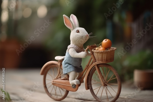 A cute cheerful rabbit holds an egg and rides a bicycle on the occasion of Easter celebration, generative AI