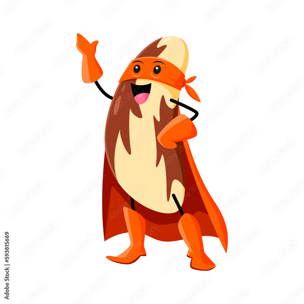 Cartoon brazil nut super hero character in orange costume ready to save the day with superhuman strength and power. Vector kernel stands tall and proud in powerful pose, ready to take on any challenge