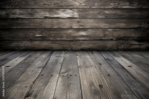 an antique wooden interior with a rustic wall and aged floorboards. Generative AI