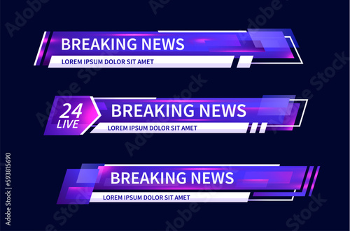Lower third tv header, headline and news bars. Vector modern colorful purple and white neon video title or television news bar isolated template. Broadcast strip layout with text, information line