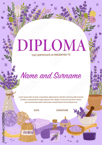 Cosmetologist diploma, lavender cosmetics. Vector certificate for beauty care classes graduation. Frame template for women beautician or therapy salon with cosmetic, flowers, dry herbs and bouquets