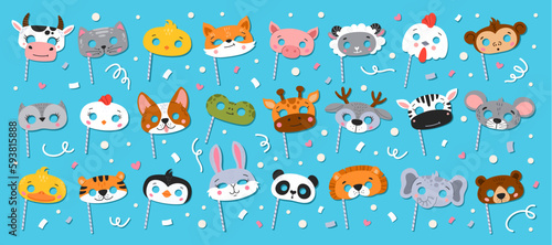 Cartoon carnival party animal masks. Vector cow, cat, chick and pig, sheep, rooster or monkey. Dog, frog, giraffe and deer, zebra, mouse or duck. Tiger, penguin, rabbit and lion with elephant or bear