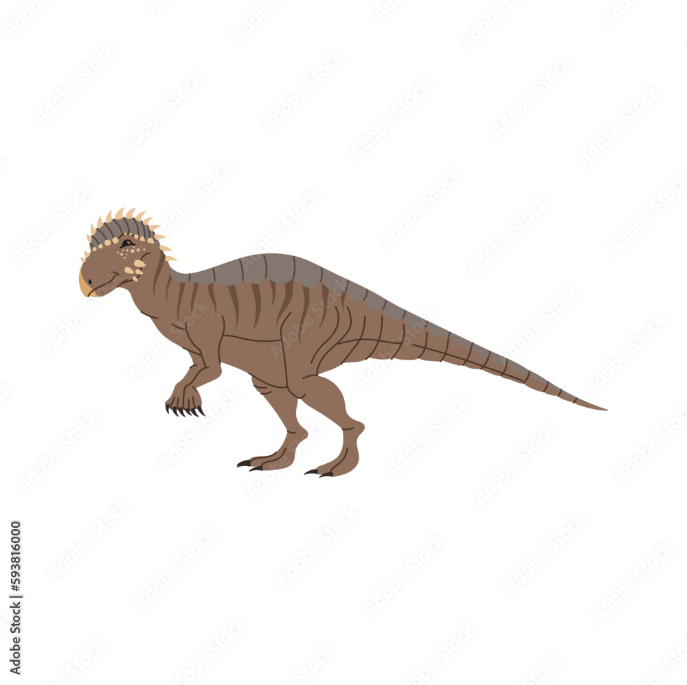 Naklejka premium Pachycephalosaurus headed lizard cartoon dinosaur childish dino animal with stripes, funny cartoon character. Vector childish baby tyrannosaurus