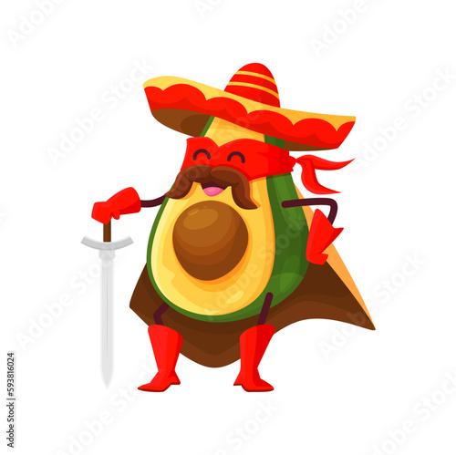 Cartoon funny avocado superhero character, isolated vector mexican traditional vegetable or fruit super hero. Funny kids menu tex mex food personage in cape, mask and sombrero hat with sword in hand