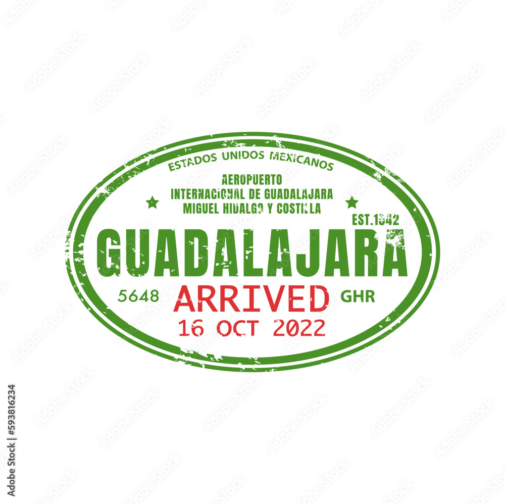 Arrived Guadalajara international passport travel visa stamp, airport stamp, border control label. Vector travel by plane arrived sign, Mexico country