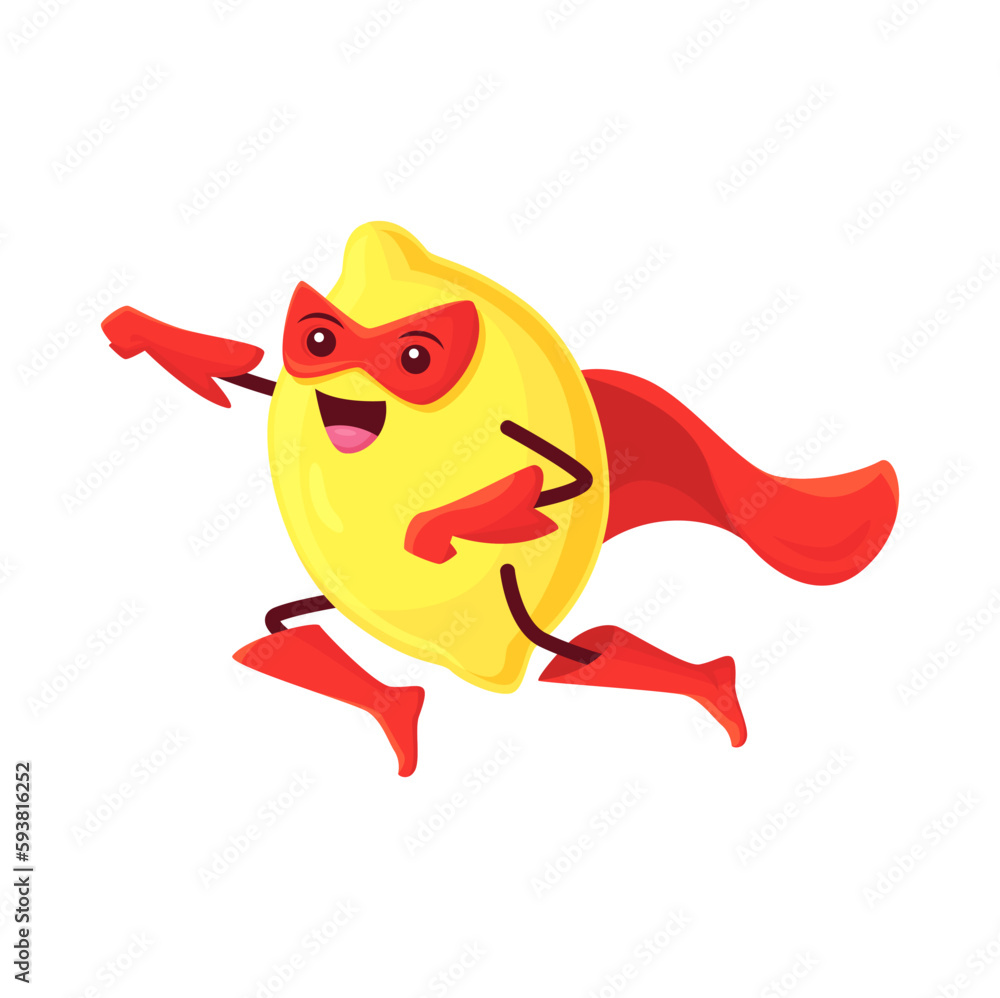 Cartoon lemon fruit superhero character. Funny vector citrus super hero  defender personage in cape, boots, gloves and mask fly with raised arm.  Fairy tale healthy food, isolated smiling tropical plant Stock Vector