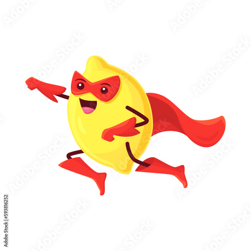 Cartoon lemon fruit superhero character. Funny vector citrus super hero defender personage in cape, boots, gloves and mask fly with raised arm. Fairy tale healthy food, isolated smiling tropical plant