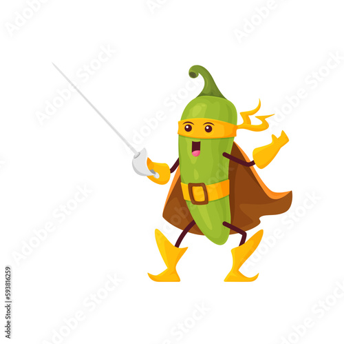 Cartoon mexican green jalapeno pepper superhero character. Funny vector chili vegetable in yellow super hero cloak and mask with epee or rapier. Kids menu personage, isolated powerful spice food