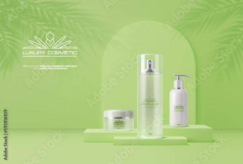 Light green cosmetics podium with bamboo and palm leaves shadow on wall. Vector background with natural moisturizing cosmetic bottles. Showcase with cream jar and tubes with face or skin care products