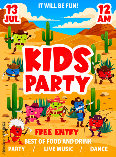 Kids party western flyer, cartoon berry cowboy, sheriff, ranger and bandit characters in desert. Vector wild west personages cherry, honeyberry, grapes and strawberry. Raspberry, blueberry, gooseberry
