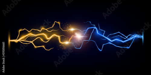 Lightning vs thunderbolt. Electric blue and orange energy battle, confrontation or fight abstract vector concept. Collision of two forces, hot and cold sparkling power with electric glowing discharge