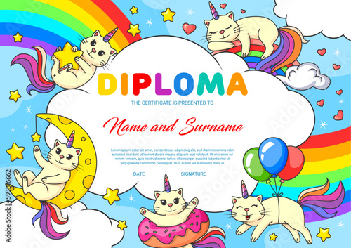 Cartoon cute cheerful caticorn cats and kitty characters on rainbow. Kids education vector diploma with funny fairy caticorn cat parsonage sleeping on rainbow, playing with star and flying on balloon