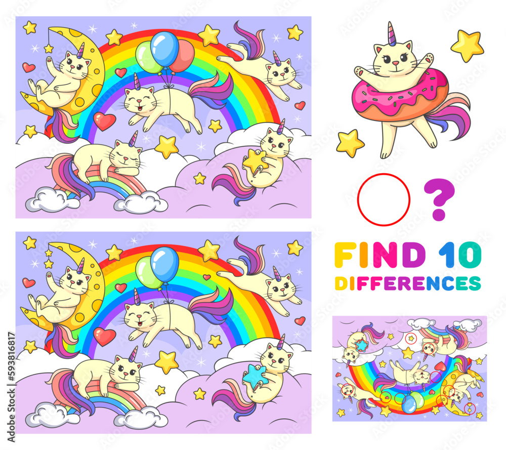 Find ten differences game. Cartoon funny caticorn cats on rainbow. Kids vector educational or recreational puzzle with cute kawaii unicorn kittens fantasy characters. Children riddle, leisure activity Find ten differences game. Cartoon funny caticorn cats on rainbow. Kids vector educational or recreational puzzle with cute kawaii unicorn kittens fantasy characters. Children riddle, leisure activity