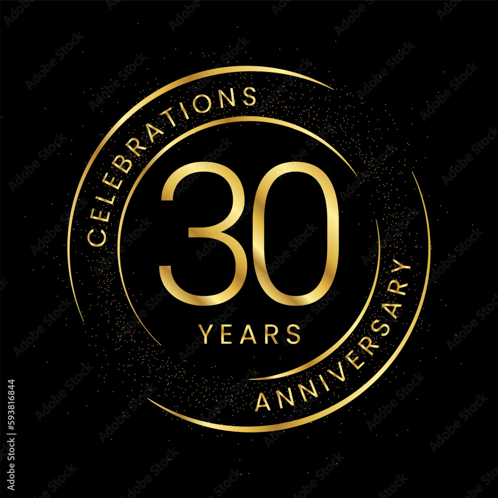 Fototapeta premium 30th anniversary, golden anniversary with a circle, line, and glitter on a black background.