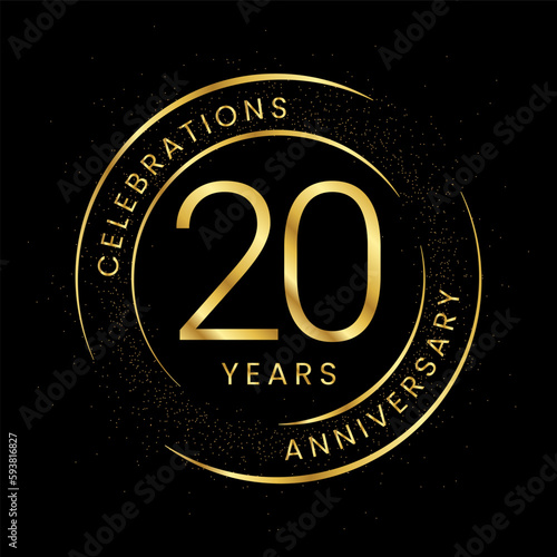 20th anniversary, golden anniversary with a circle, line, and glitter on a black background.