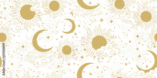Seamless celestial golden pattern on a white background, golden sun and moon with stars. Astrology ornament for tarot, mystical boho drawing for zodiac. Witch vector illustration.